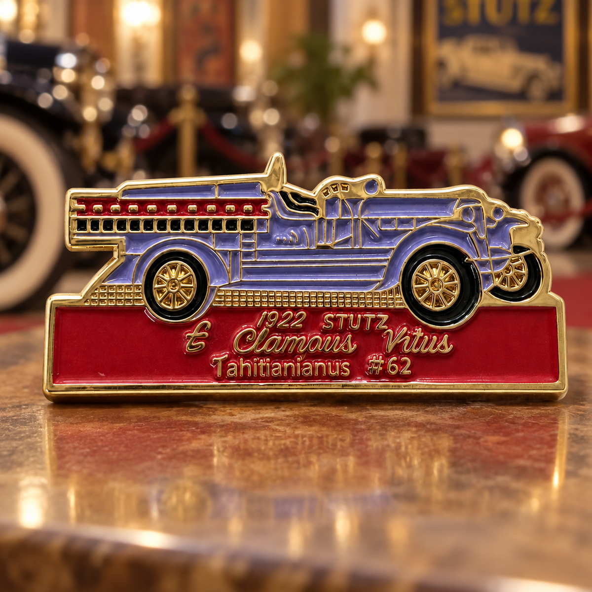 1922 Stutz fire truck soft enamel pin with blue enamel, gold-tone details, and a red lettering plaque