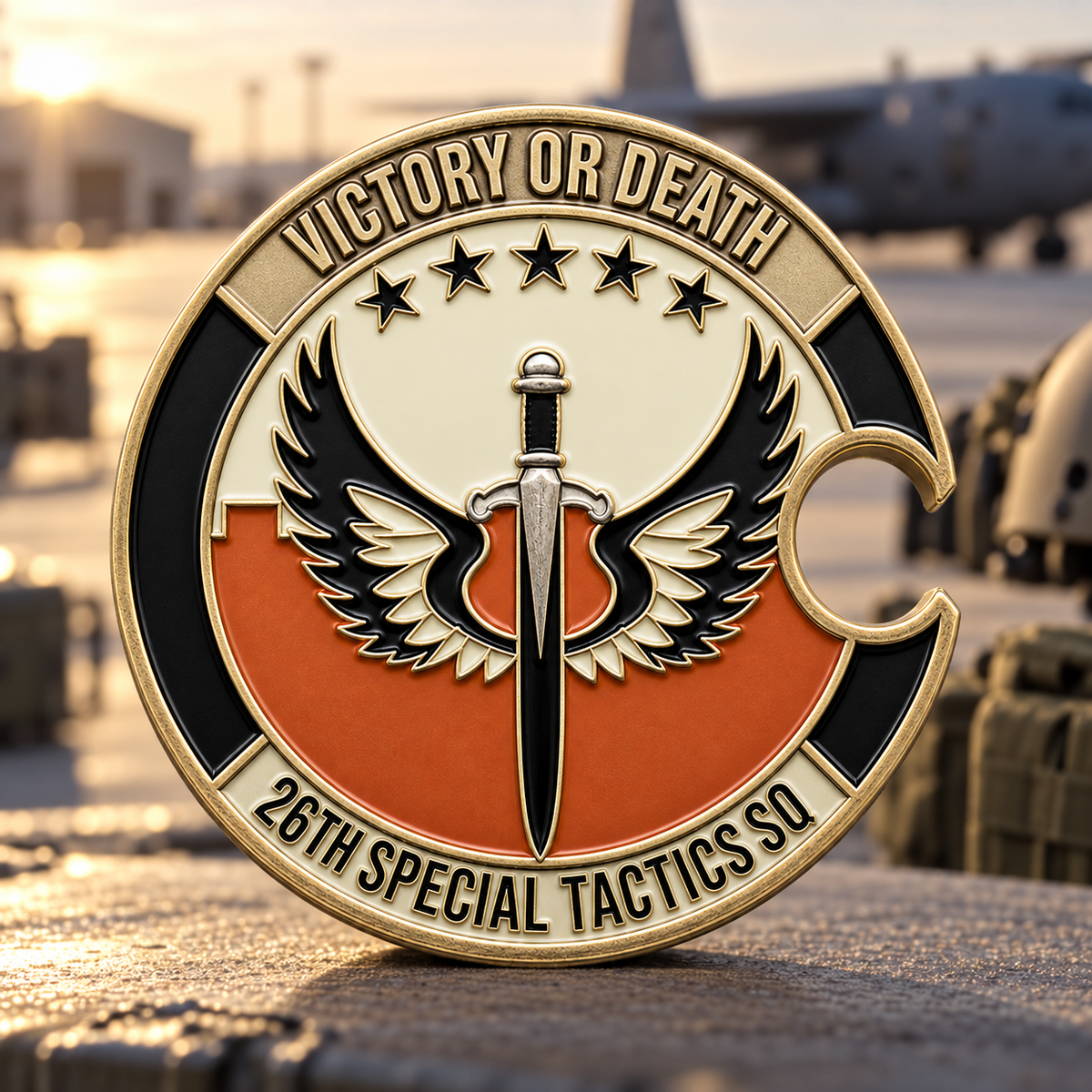 Round gold-tone special tactics bottle opener with a winged sword, Victory or Death lettering, and a side opening