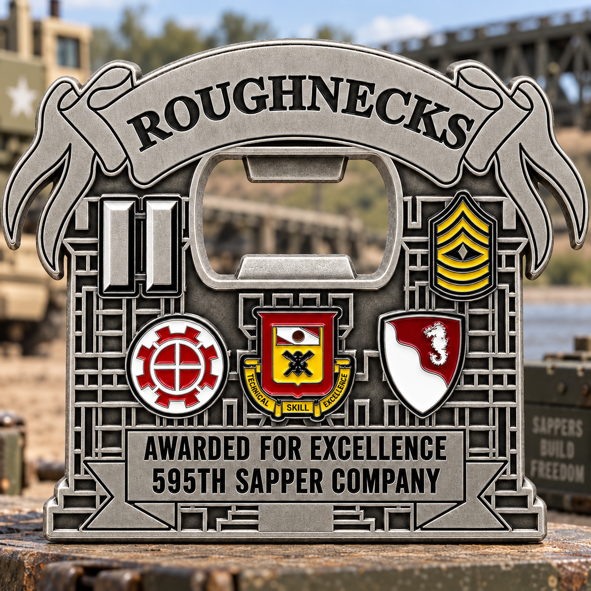 Silver-tone Roughnecks bottle opener with military emblems, a rectangular opening, and 595th Sapper Company lettering