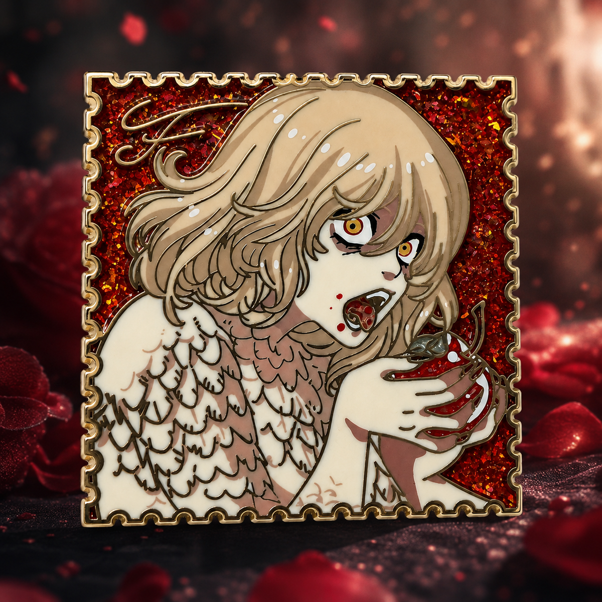 Gold-tone hard enamel anime vampire pin with a red glitter background and detailed linework