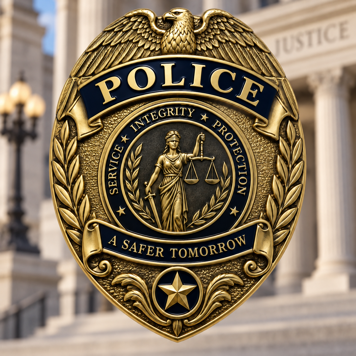 Antique gold-tone police shield badge with an eagle top, Lady Justice figure, laurel branches, and black enamel details