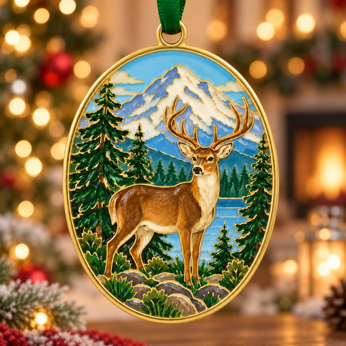 Oval gold-tone ornament showing a deer beside a mountain lake and pine trees, suspended from a green ribbon