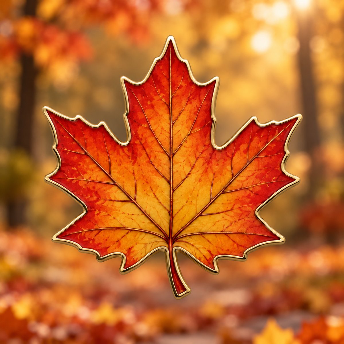 Warm orange and red shades follow the fine veins of a gold-outlined maple leaf