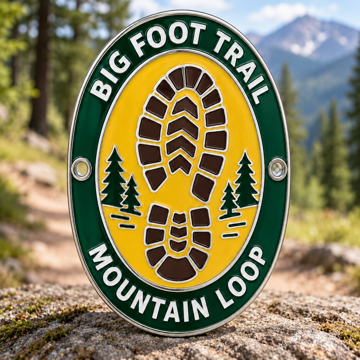 Oval Big Foot Trail medallion with a large boot print, pine trees, green border, and side mounting holes