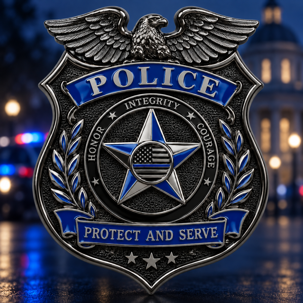 Dark silver-tone police shield badge with an eagle top, central star, and blue enamel banners