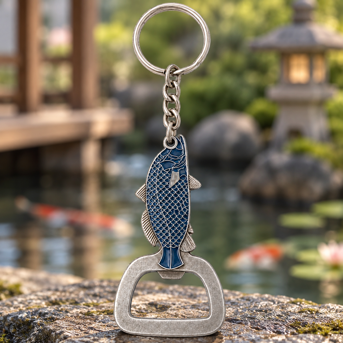 Silver-tone keychain with a blue fish-shaped handle, a bottle opener, and a split ring