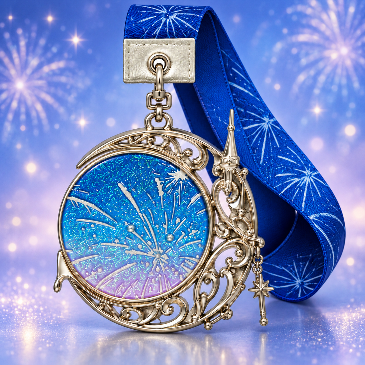 Round blue and purple fireworks medal with an ornate silver-tone frame, dangling star charms, and a blue ribbon