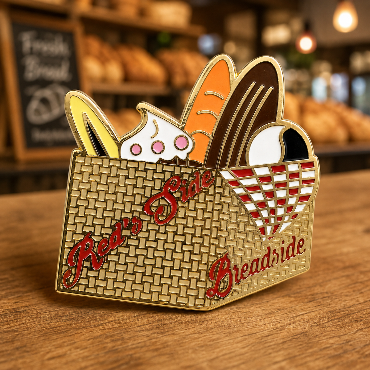 Gold-tone hard enamel bakery pin shaped like a basket filled with bread and pastries