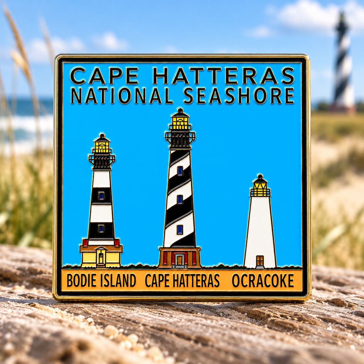Rectangular Cape Hatteras National Seashore magnet showing three black-and-white lighthouses against a blue sky