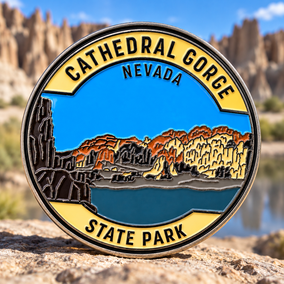 Round Cathedral Gorge Nevada State Park magnet with layered cliffs, a blue sky, and yellow lettered border