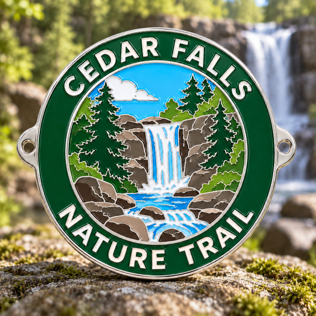 Round Cedar Falls Nature Trail medallion showing a waterfall between pine trees with a green border and mounting tabs