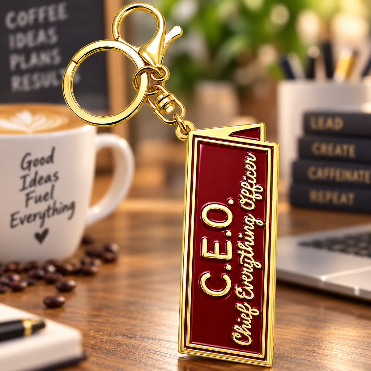 Rectangular red and gold-tone keychain with C.E.O. and Chief Everything Officer lettering and a lobster clasp