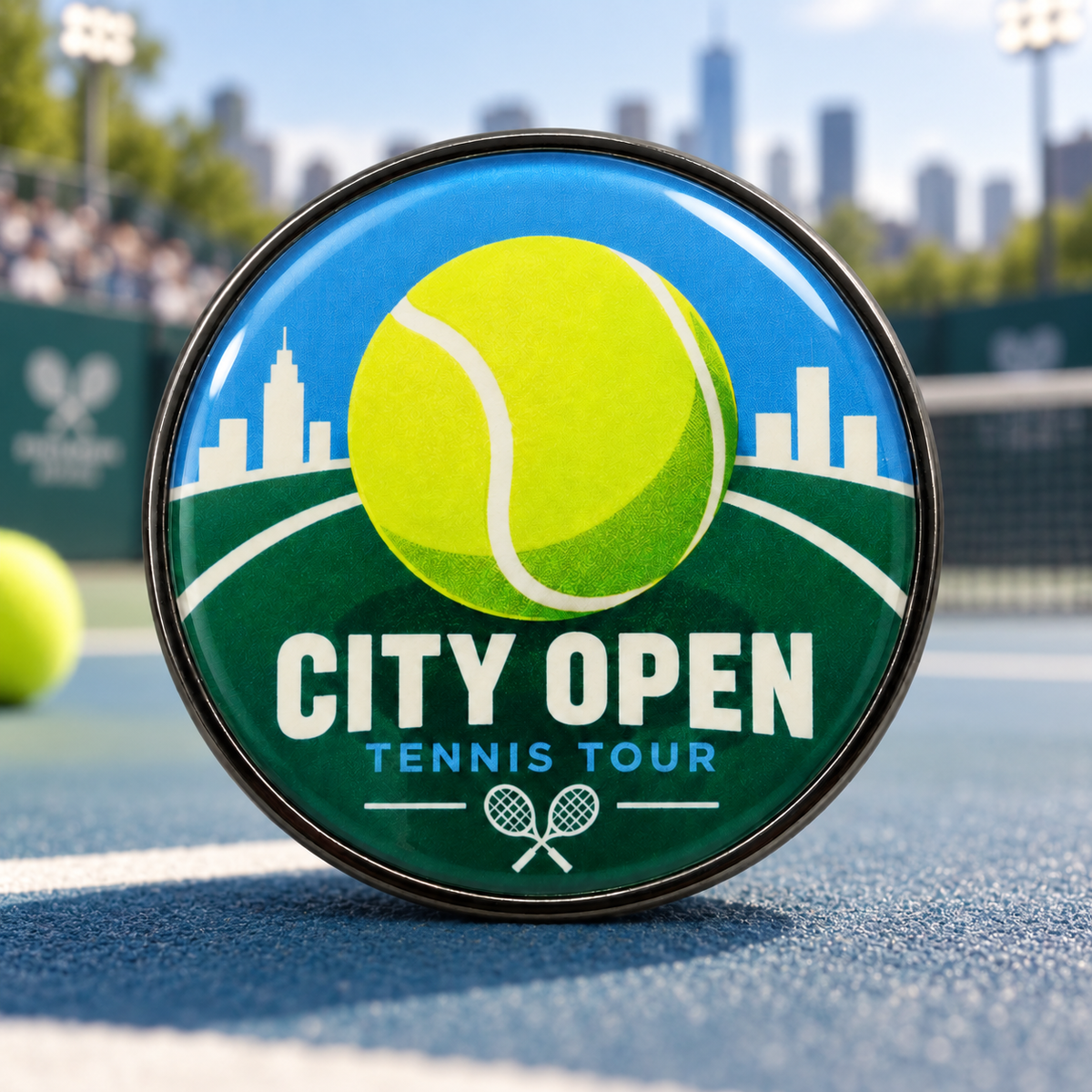 A bright tennis ball, court lines, and city skyline frame the City Open Tennis Tour lettering