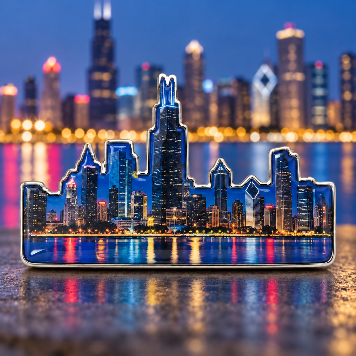 Illuminated skyscrapers and colorful waterfront reflections fill a skyline-shaped design