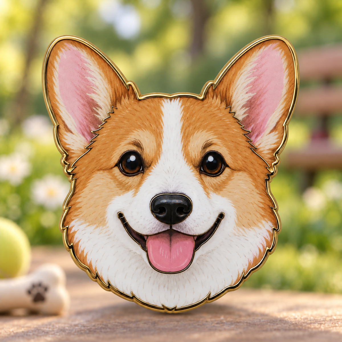 A smiling corgi portrait features detailed tan-and-white fur, upright ears, and a pink tongue