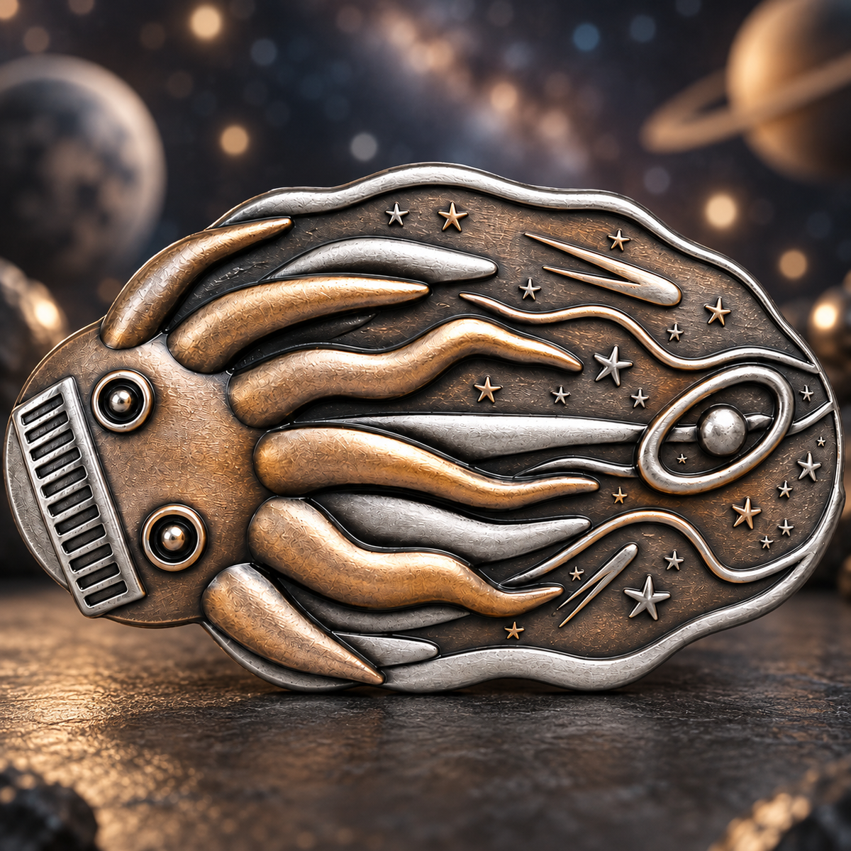 Oval bronze-tone belt buckle with raised curling tentacles, stars, and a ringed planet
