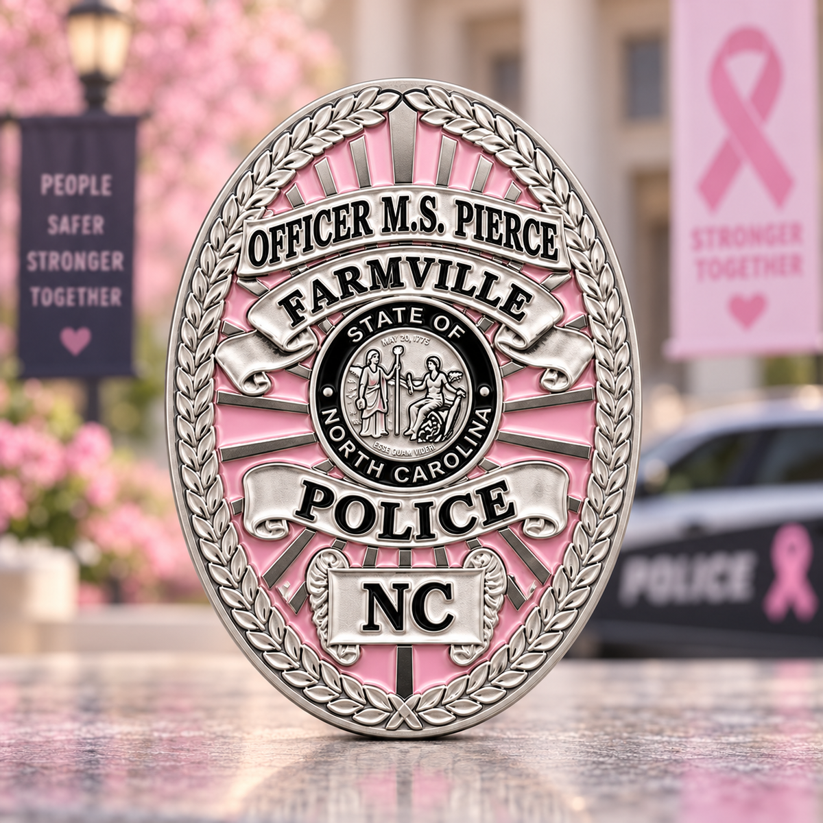 Pink enamel and silver-tone rays surround a North Carolina seal within an oval police badge design
