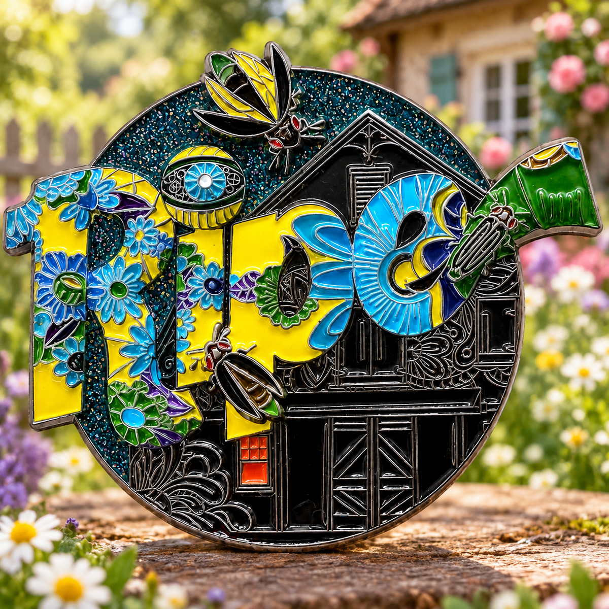Colorful floral lettering and beetles overlap a detailed dark house against a glittering blue background