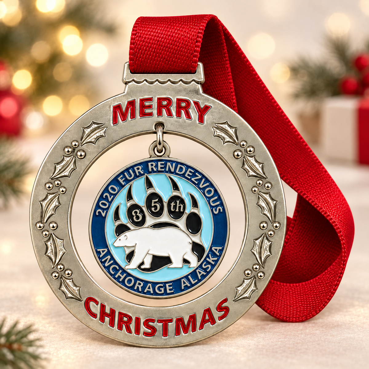 Round silver-tone Fur Rendezvous Christmas medal with a central paw print, red lettering, and a red ribbon