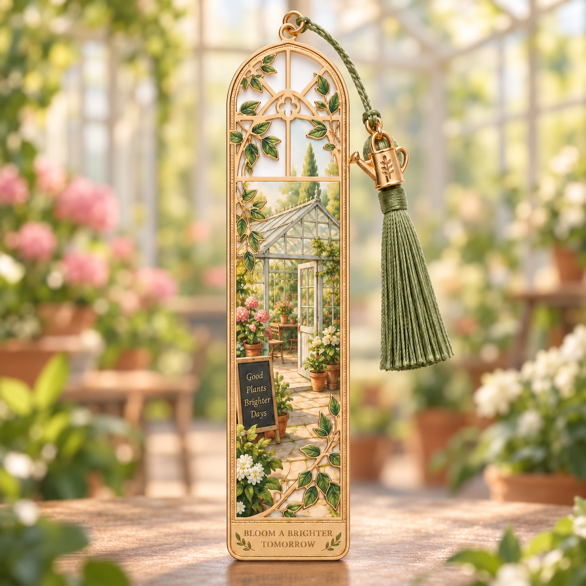 Gold-tone arched greenhouse bookmark with window panes, leafy plants, and a green tassel