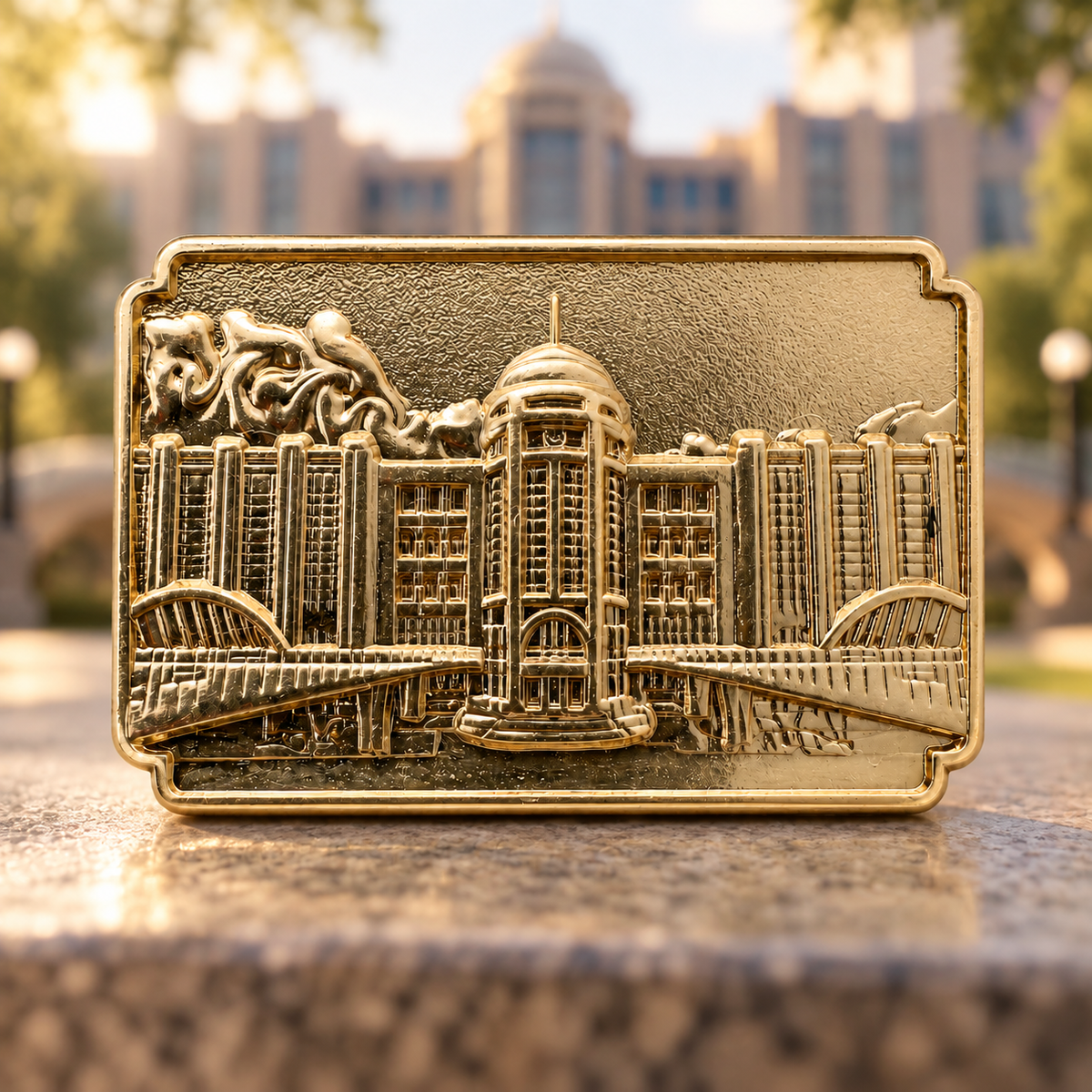 A central tower, detailed building facades, and sweeping bridges form a rectangular gold-tone design