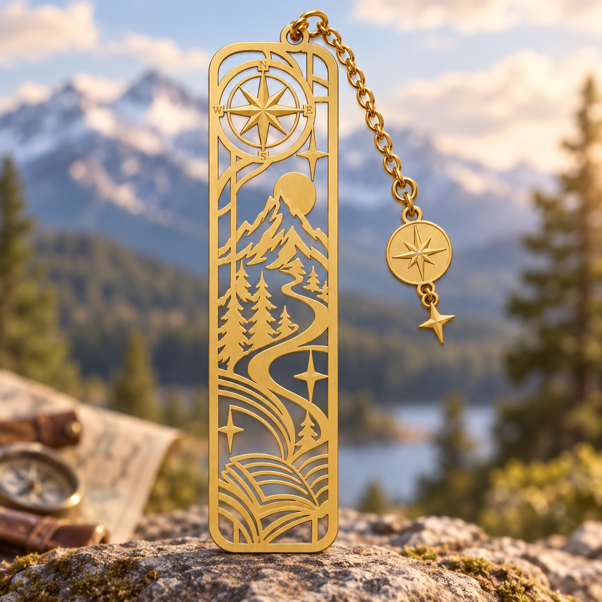 Gold-tone cutout bookmark with a compass rose, mountains, pine trees, and a dangling round charm