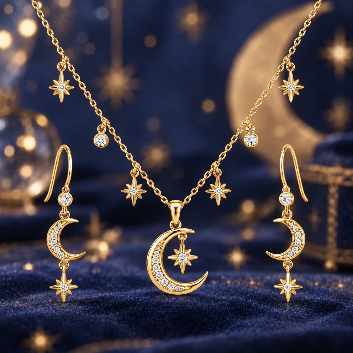Gold-tone crescent moon and star necklace with matching dangling moon-and-star earrings