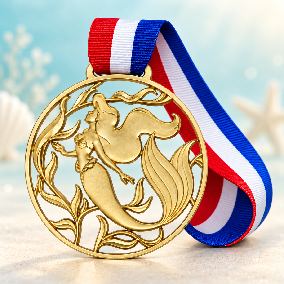 Round gold-tone cutout mermaid medal with flowing hair, a curled tail, and a red, white, and blue ribbon