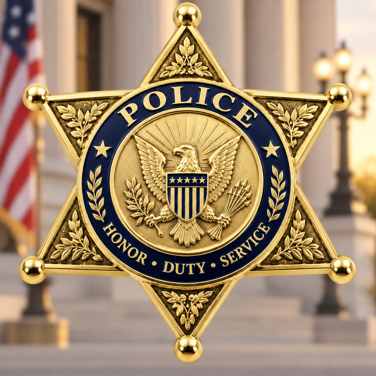 Gold-tone six-point police star badge with a central eagle and a dark blue lettered ring