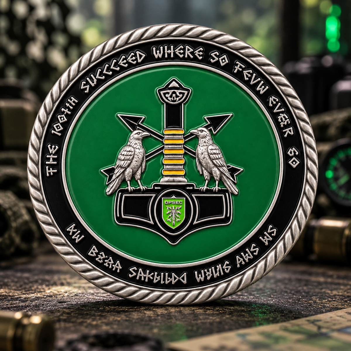 Round green belt buckle with two silver-tone ravens flanking a hammer and a raised rope border