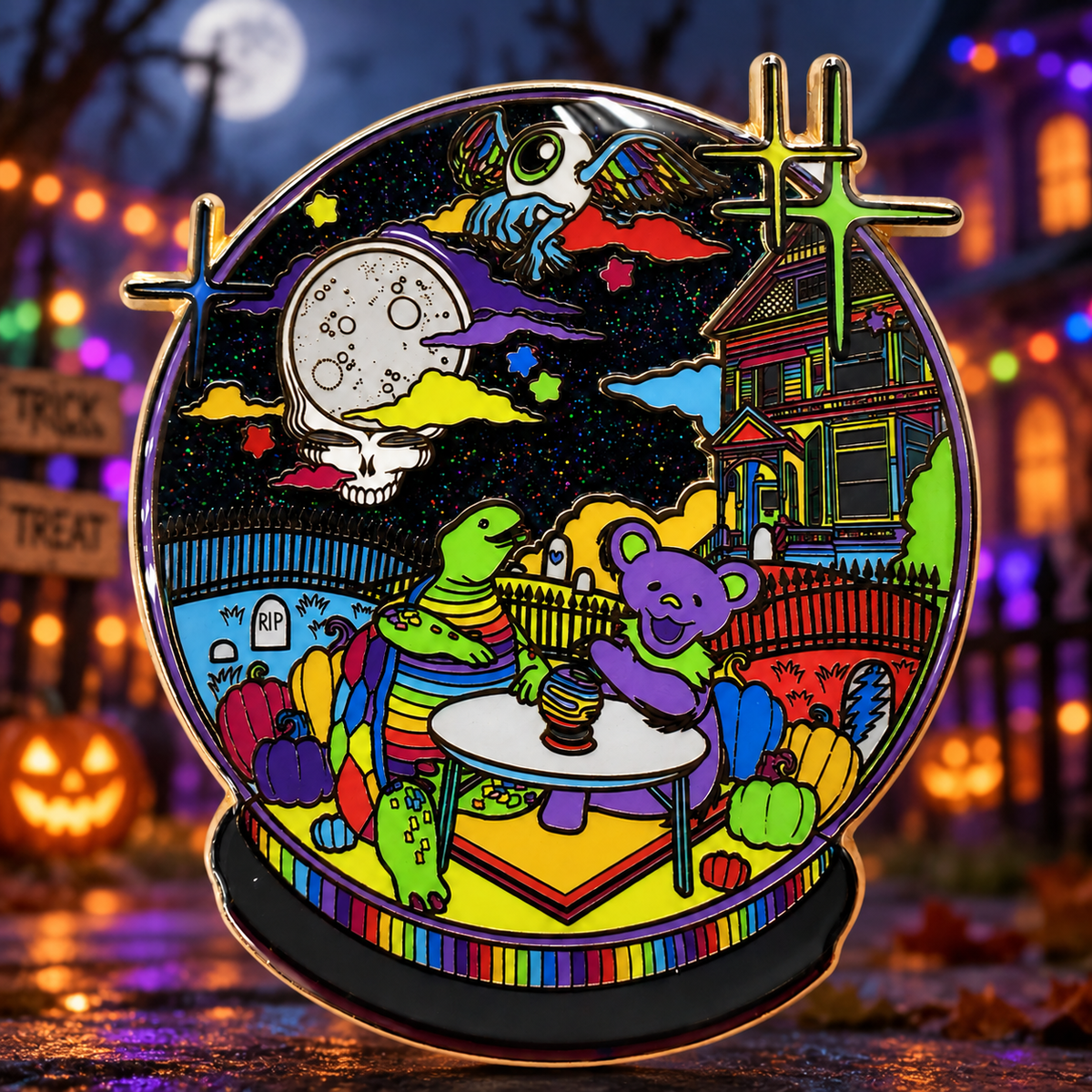 Colorful Halloween soft enamel pin with a purple bear, haunted house, moon, and pumpkins