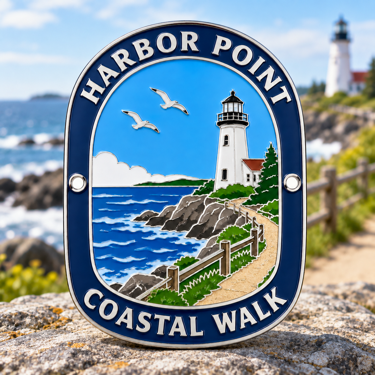 Oval Harbor Point Coastal Walk medallion with a lighthouse, ocean waves, blue border, and side mounting holes