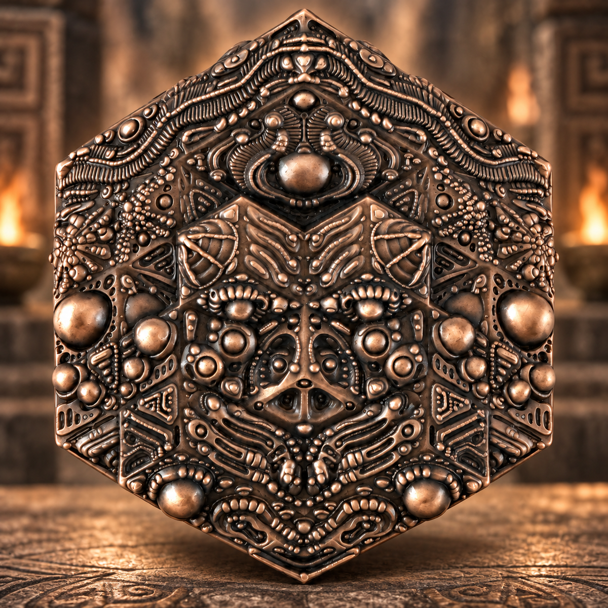 A stylized face, rounded accents, and intricate patterns fill a hexagonal antique copper-tone design