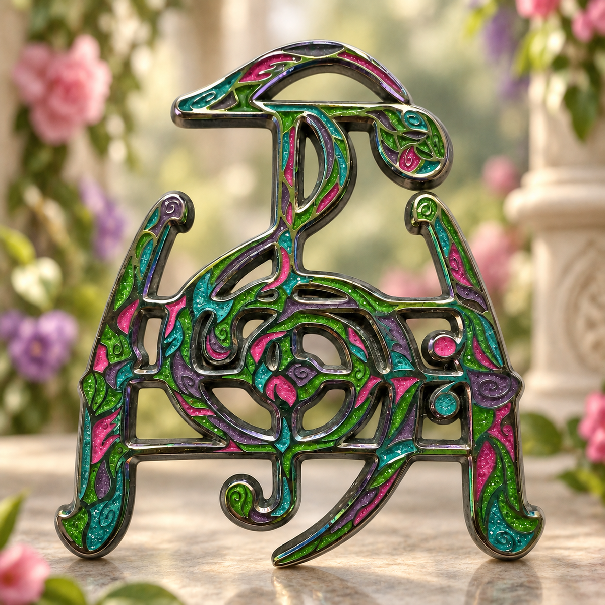 Abstract soft enamel pin with open cutouts, colorful curved details, and iridescent metal outlines