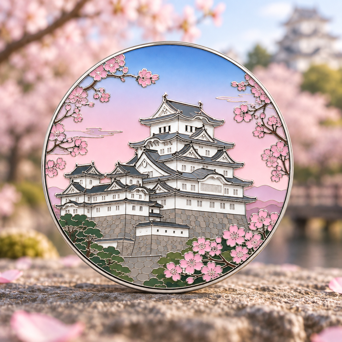 A white Japanese castle is framed by pink cherry blossoms beneath a blue-to-pink sky