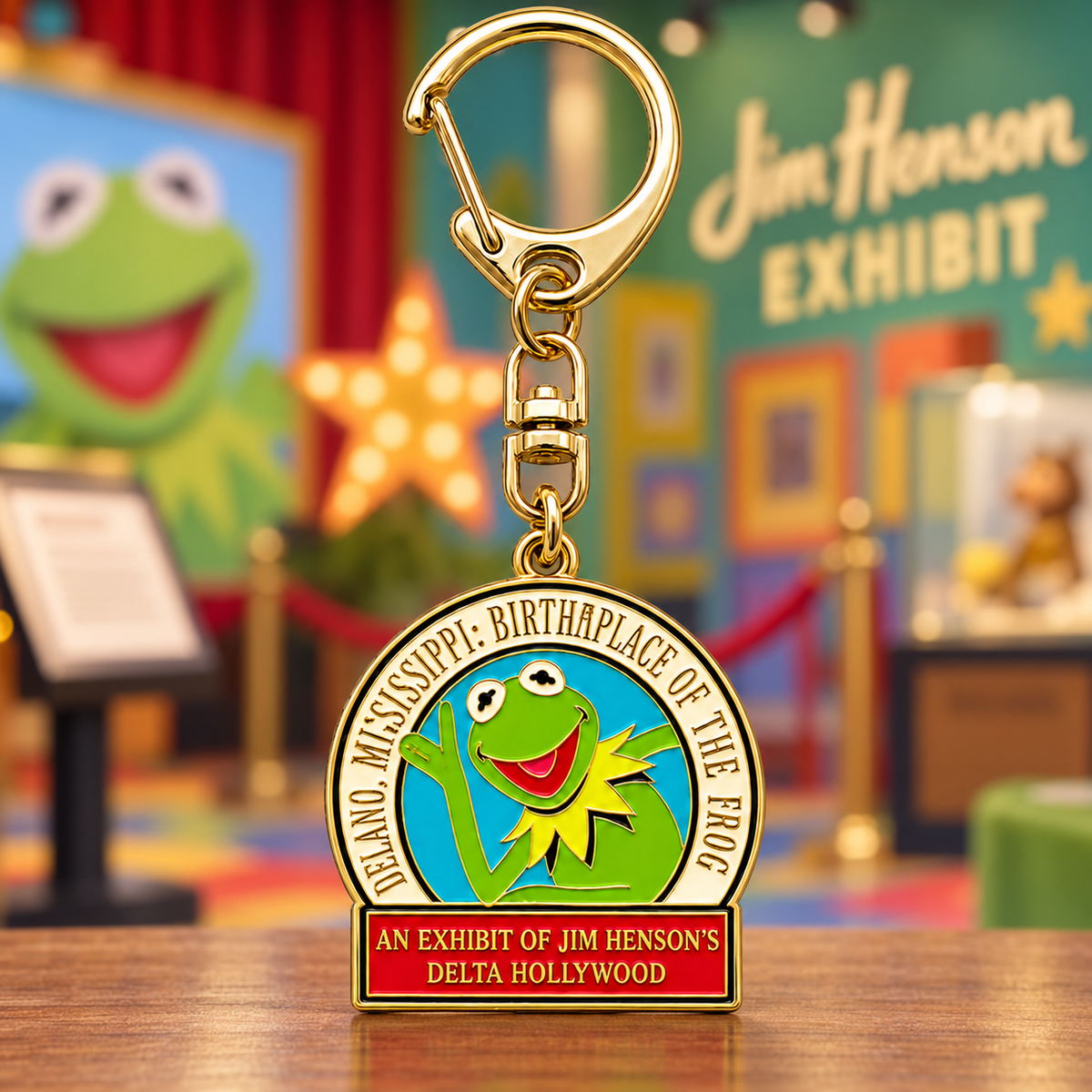 Gold-tone keychain with a green frog portrait and a red plaque for the Jim Henson exhibit