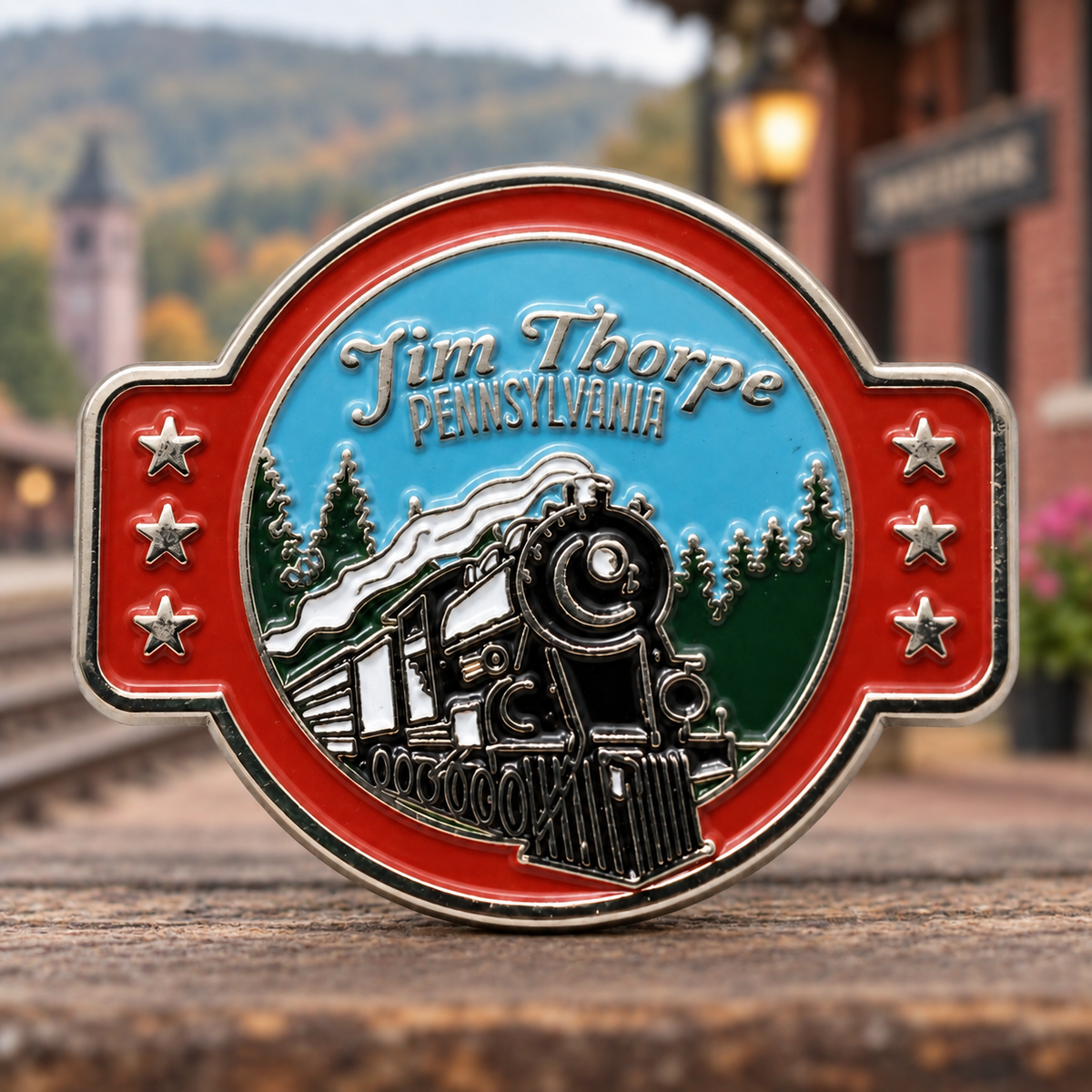 Jim Thorpe Pennsylvania steam train soft enamel pin with a blue sky, mountains, and red star border