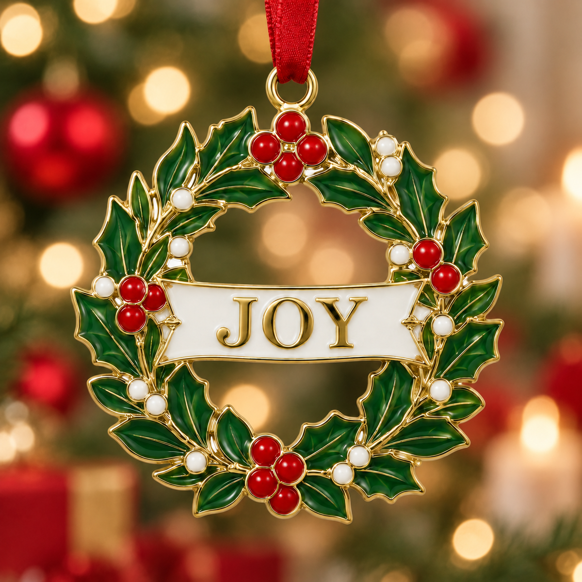 Gold-tone JOY wreath ornament with green holly leaves, red berries, and a red hanging ribbon