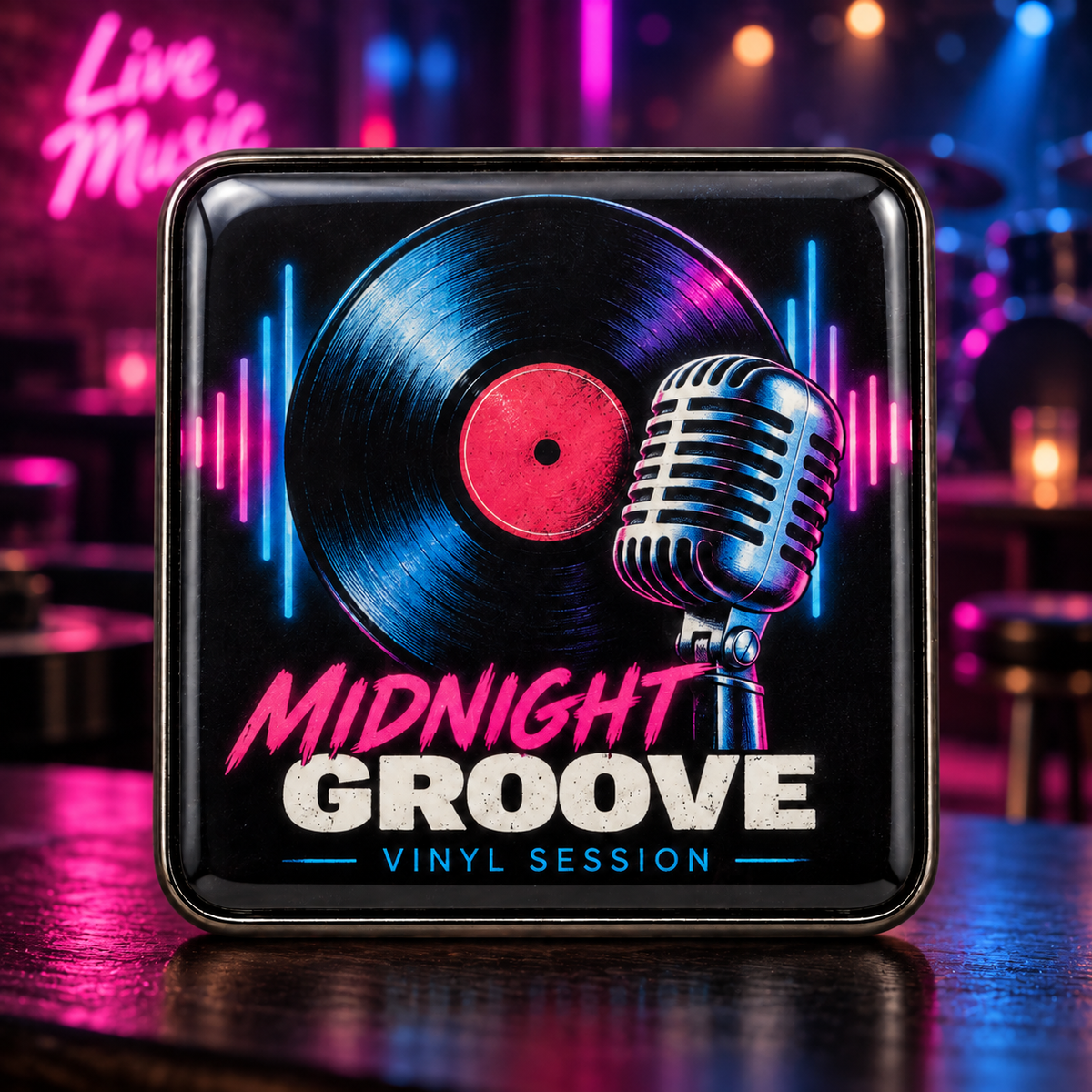 A vinyl record and vintage microphone appear against vivid blue and pink sound-wave graphics