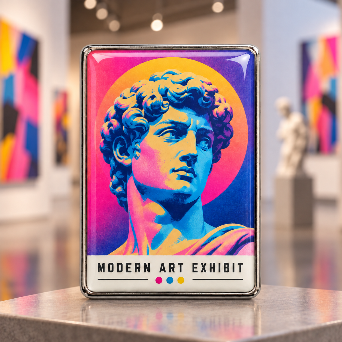 A classical statue portrait is reimagined in bright blue, pink, and yellow above Modern Art Exhibit lettering