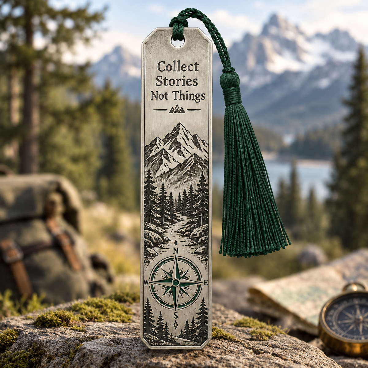 Slim bookmark with mountain and forest artwork, a compass rose, and a dark green tassel