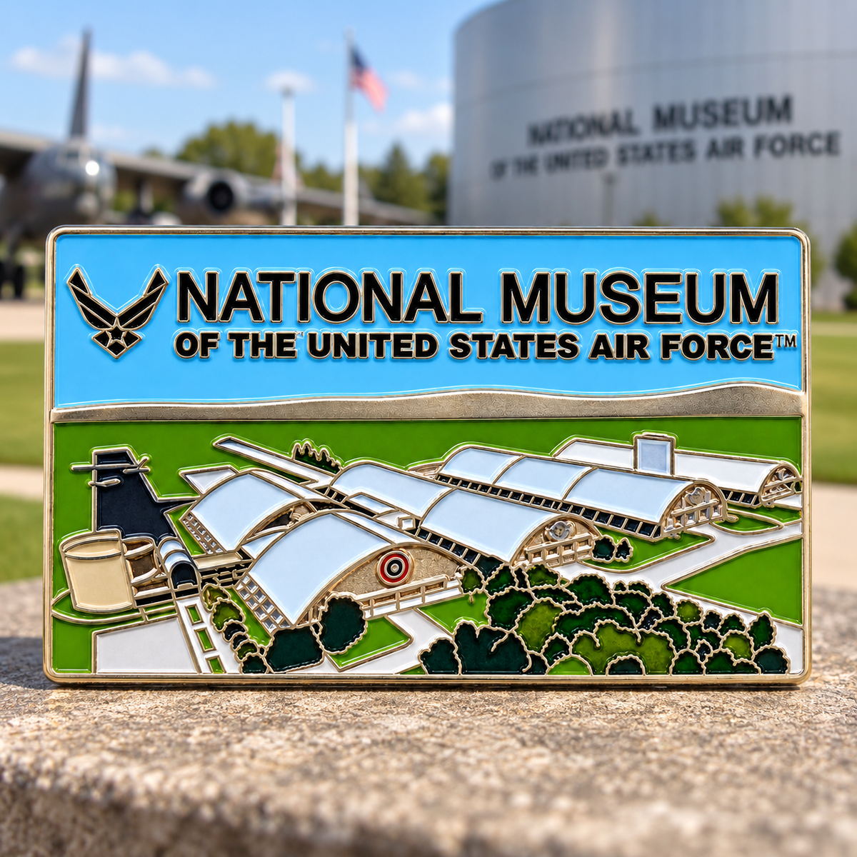 Rectangular National Museum of the United States Air Force magnet showing the museum buildings below a blue title band