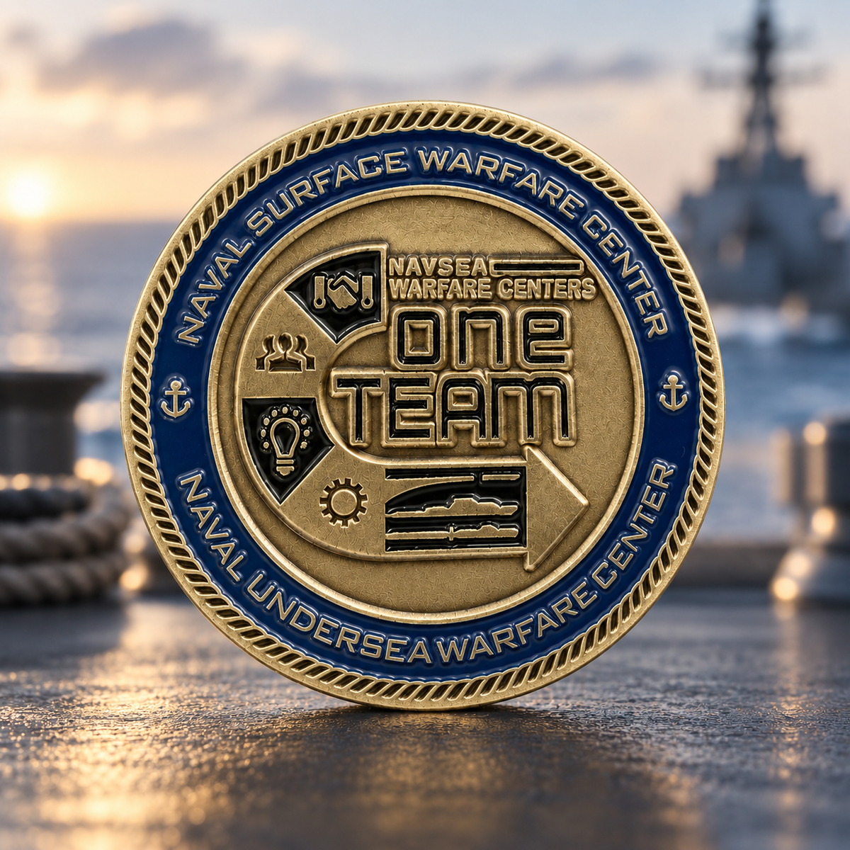 Raised One Team lettering and naval symbols sit within a blue enamel ring and gold-tone rope border