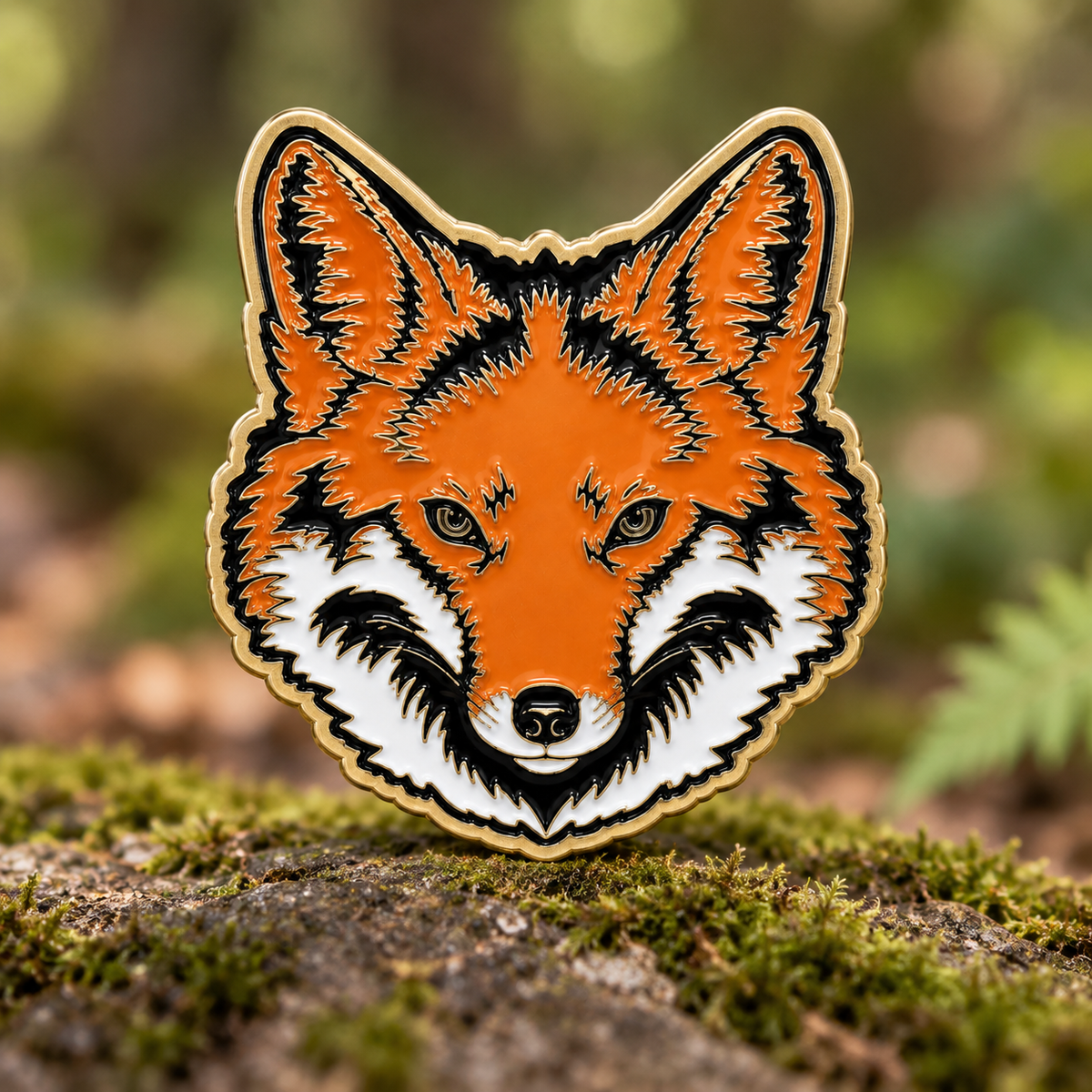 Orange, black, and white enamel define a detailed fox portrait with a custom-shaped gold-tone border