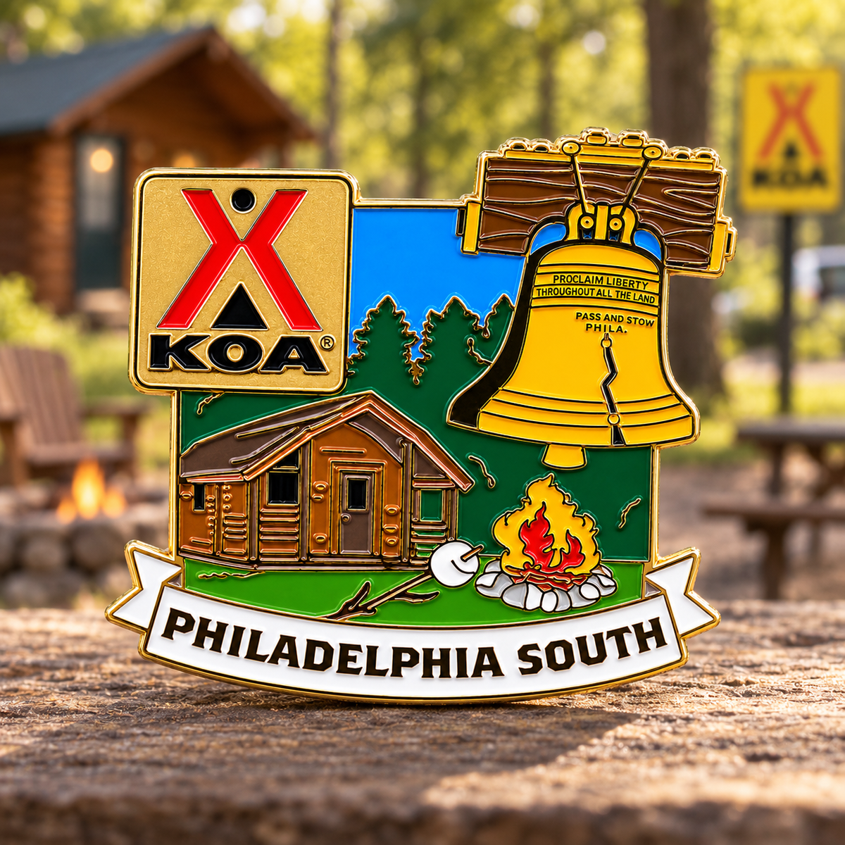 Philadelphia South KOA magnet showing a cabin, campfire, trees, and a large yellow Liberty Bell