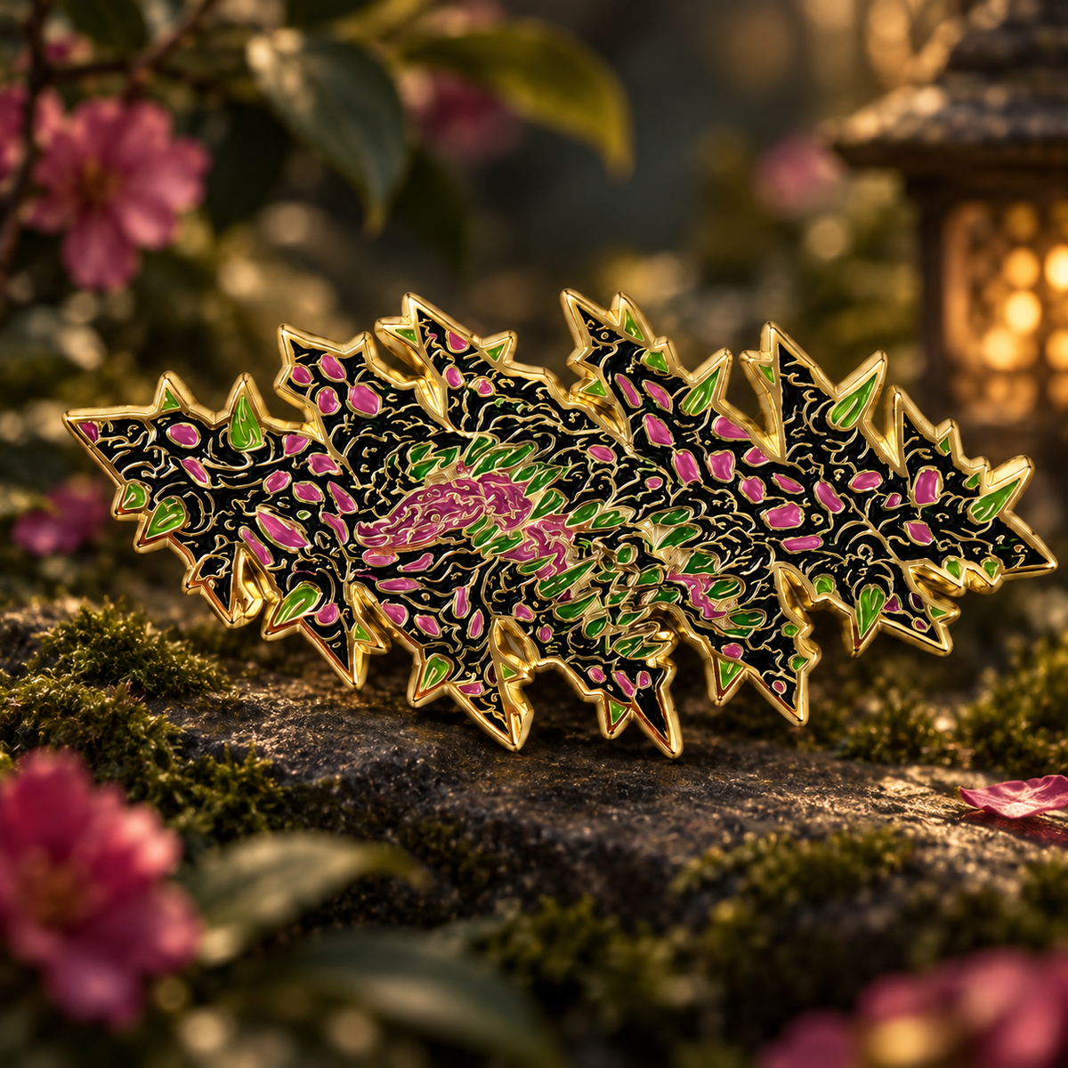 A pink dragon with green accents stretches across a jagged, gold-outlined leaf design