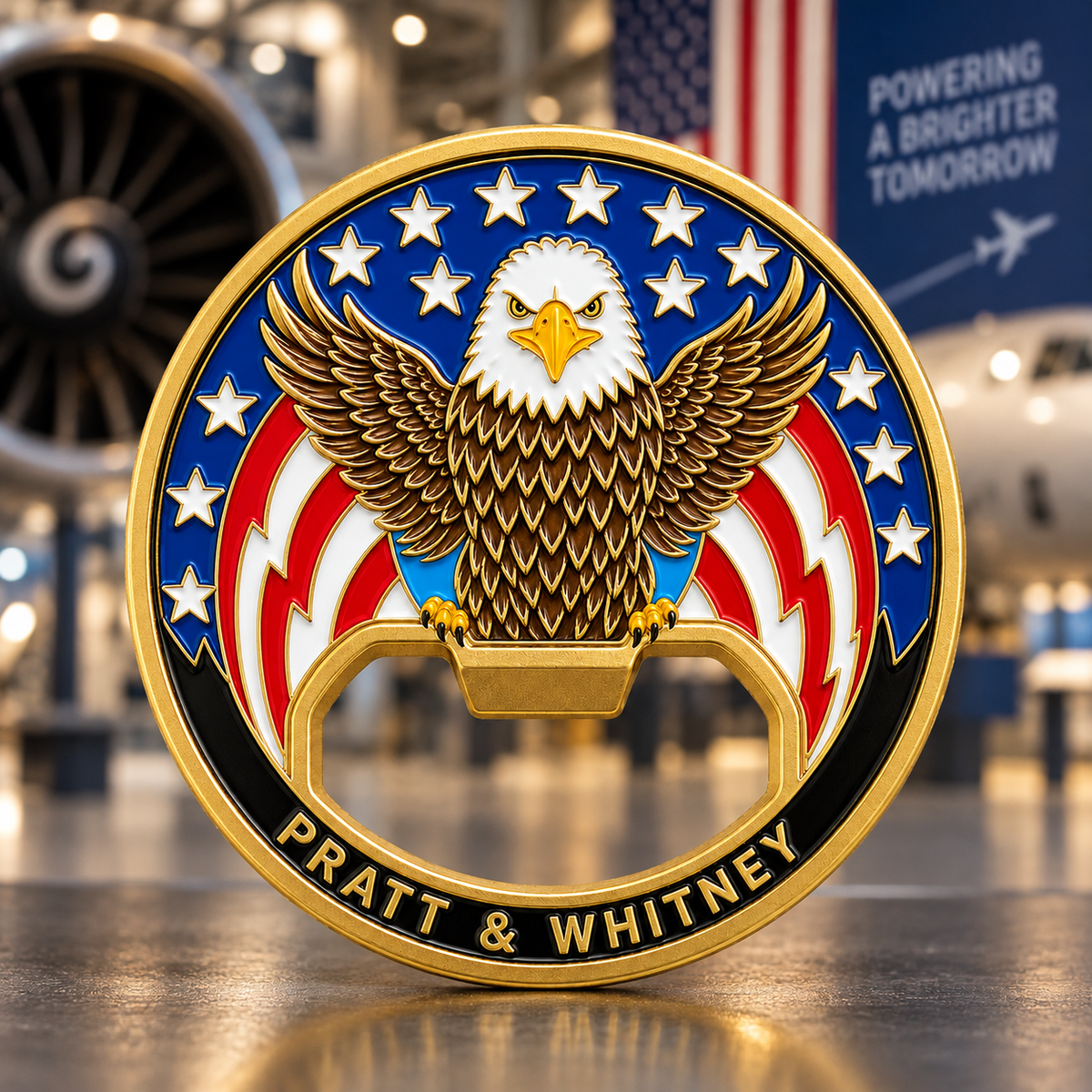 Round Pratt & Whitney bottle opener with an eagle, American flag colors, gold-tone border, and lower opening
