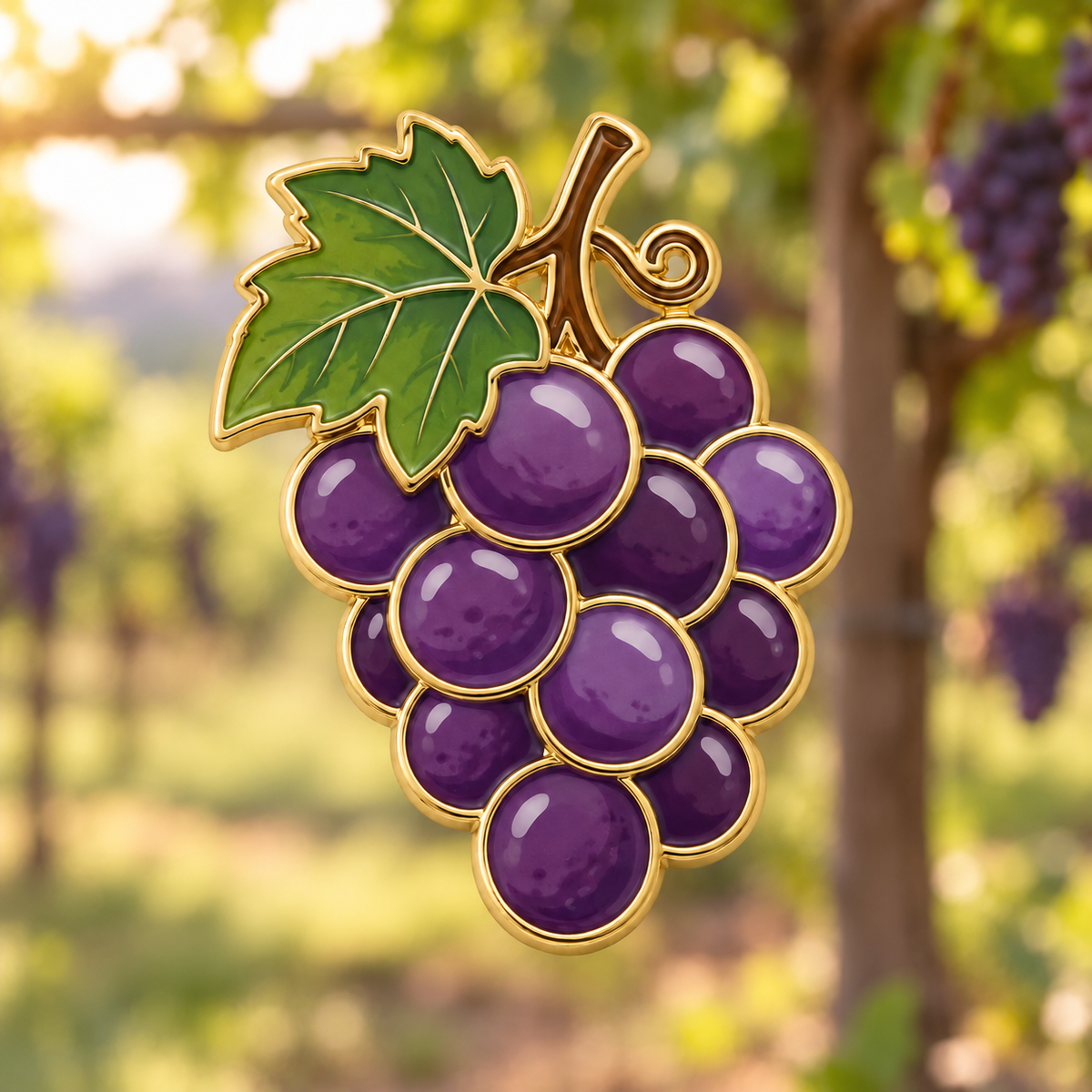 Shaded purple grapes cluster beneath a green leaf and curling vine with gold-tone outlines