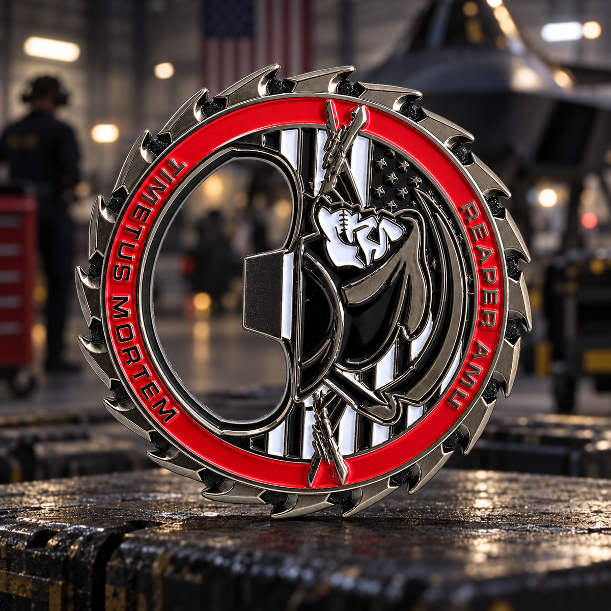 Circular Reaper AMU bottle opener with a hooded skeleton, red lettered rim, and open center