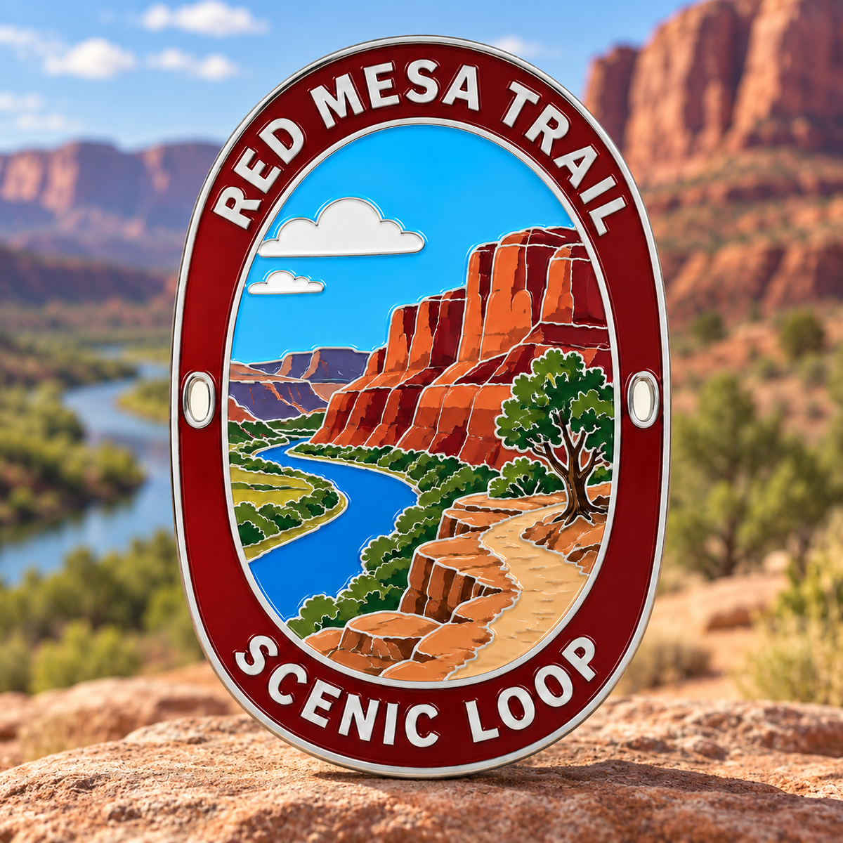 Oval Red Mesa Trail medallion showing red cliffs and a winding river, with a red border and side mounting holes